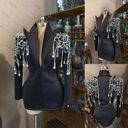 Trajes de mujer con solapa de pico negro, chaqueta de cristal con cuello de pico profundo, vestido de fiesta de graduación de manga larga ajustado por encargo, 1 pieza