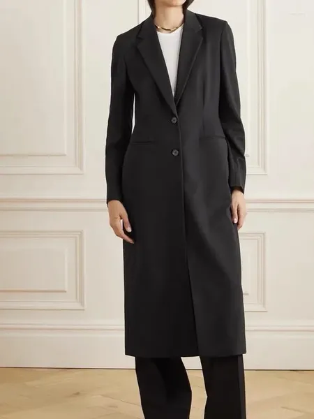 Trajes de mujer, chaqueta de traje larga recta negra, gabardina de manga con cuello entallado de un solo pecho para invierno 2023