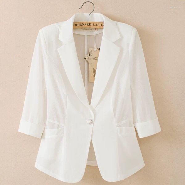 Trajes de mujer, abrigo vestido informal blanco y negro, chaqueta protectora solar de malla con mangas tres cuartos, chaqueta pequeña fina para verano 2023