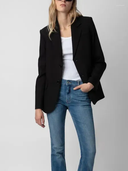 Costumes pour femmes Femmes noires Blazer à simple boutonnage à manches longues Retour Strass Lettres 2024 Printemps Dames Veste de costume de banlieue