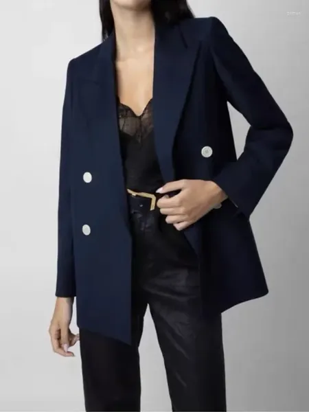 Trajes de mujer Blazer para mujer 2023 Mezclas de lana Doble botonadura con bolsillos Recto Color sólido Moda Commuter Traje de manga larga Abrigo