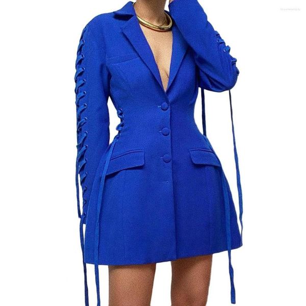 Trajes de mujer Blazer azul real Delgado moda diseño único abrigo de longitud media corbatas de manga Casual chaqueta femenina diaria/vestido de fiesta para mujer