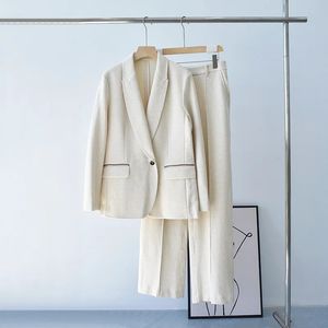 Costume Blazer pour femme, veste Beige, taille haute, pantalon droit, automne et hiver 2023, 231123
