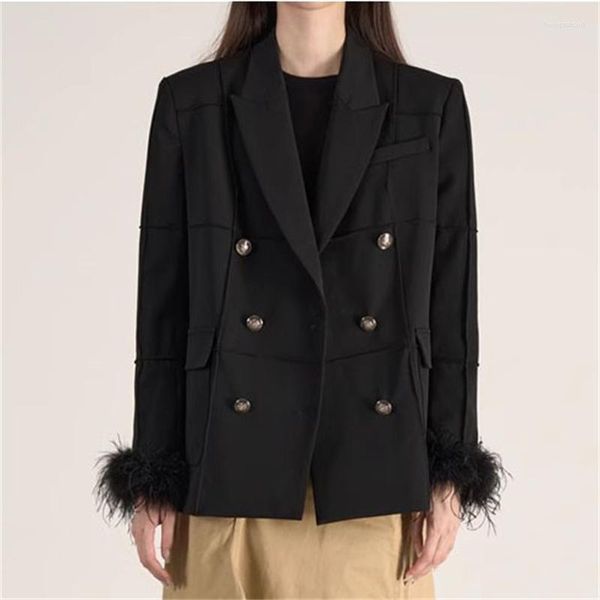 Trajes de mujer Blazer mujer 2023 otoño moda coreana pelo de avestruz mangas de retales abrigo de doble botonadura chaqueta de traje de alta calidad