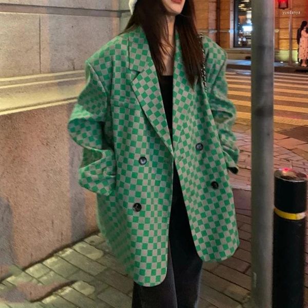 Costumes pour femmes, Blazer à carreaux verts, manteau, Design de Style coréen, ample, col Polo, petit haut, vêtements, printemps automne