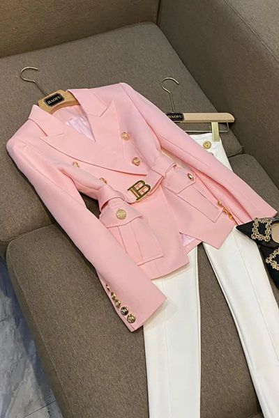 Costumes pour femmes Blazers 2023 couleur rose boutons dorés revers mince avec Blet pour femmes décontracté élégant dame veste hauts 231005