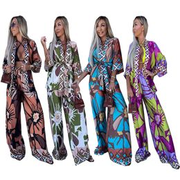 Costumes de femmes Blazers 2023 Été Womens imprimé 9/4 Sleeve Cardigan Fashion Casual Wide Jam Le jambe Set Qaeb