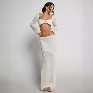 Costumes de femmes Blazers 2024 Été Femmes Nouvelles lacets enveloppe à manches longues Hip Casual Knitted Long Jirt Set 47k2
