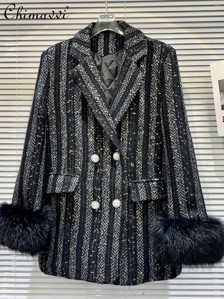 Costumes de femmes Blazers 2024 Hiver High-Und Furry Cuff Drilling Tweed Puffer Jacket Fashion Loose-ats Long Longe Elegant Suit Matter