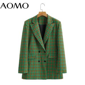 Trajes de mujer Blazers AOMO, chaqueta Vintage de cuadros verdes para mujer, chaqueta elegante de manga larga para mujer, Ropa de Trabajo Formal 8Y41A