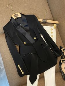 Trajes de mujer Blazers Llegada Estilo europeo Calidad Abrigo de mujer Cuello chal Cruzado Office Lady Blazer sólido con cinturón 231115