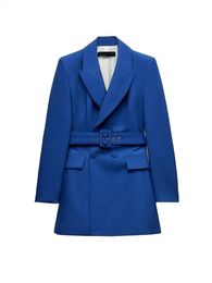 Costumes pour femmes Blazers Automne et hiver Vêtements Mode Ceinture Décoration Longue Double boutonnage Slim Veste de costume Bleu Col en V Robe de poche 231118