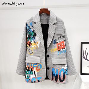 Dameskostuums Blazers Herfstmode Geruit pak Blazer Dames Letter Graffiti Print Bovenkleding Vrouwelijk Toevallig jasje Vrouwelijke chique Koreaanse jassen 230220