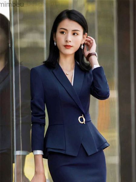 Trajes de mujer Blazers Officer Office Lady Top Blazers Mangas largas sólidas Cardigan Botón Traje informal Navy Blue Draped Slim Women Red C240410