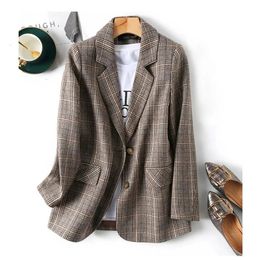 Costumes pour femmes Blazers Automne Vintage Simple Boutonnage Bureau Plaid Blazer Dames À Manches Longues Coréen Lâche Costume Veste Femmes Blazers Femme 230311