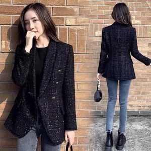 Costumes pour femmes Blazers Automne femmes mode Tweed Double boutonnage noir Blazer manteau Vintage à manches longues rabat poches vêtements de dessus pour femmes Chic costume Femme231023