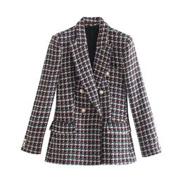 Costumes pour femmes Blazers Automne veste femme 2023 mode Double boutonnage Tweed carreaux Blazer manteau Vintage à manches longues poches vêtements de dessus pour femmes 231213