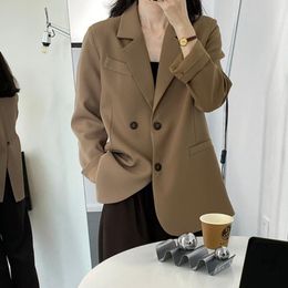 Femme Costumes Blazers Dos Un Bouton Détaillé Ourlet Fente Ruché Solide Blazer Marron / Beige NoirFemme