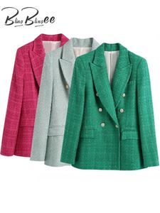 Women's Suits Blazers BlingBlingee Spring Women Traf Jacket Ornate Button Tweed Woolen Coats Female Casual Thick Green Blazers Blue Outerwear 230303