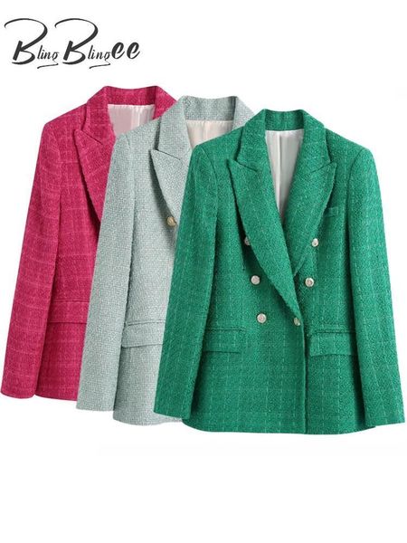 Costumes pour femmes Blazers BlingBlingee Printemps Femmes Traf Veste Bouton Orné Tweed Manteaux De Laine Femme Casual Épais Vert Bleu Survêtement 230203