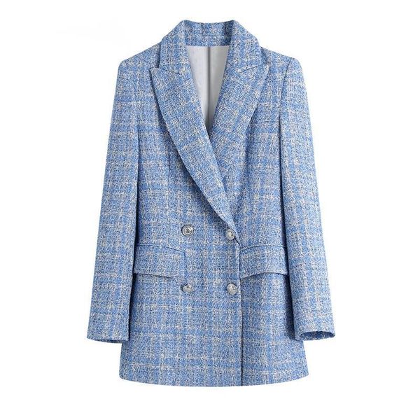 Costumes femme Blazers Chaqueta Azul De Tweed Con Doble Botonadura Para Mujer Abrigo Oficina Manga Larga Bolsillos 2023