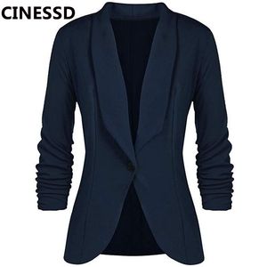 Trajes de mujer Blazers CINESSD Office Lady Coat Sólido Manga larga Cardigan Botón Traje informal Azul marino Drapeado Slim Cotton Mujer Blazer Ja