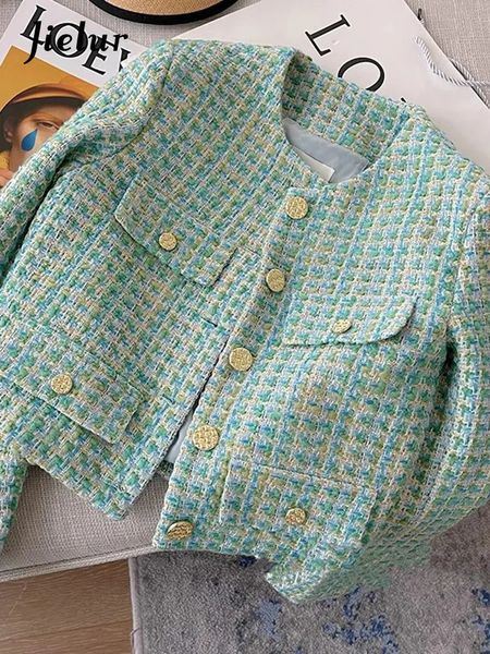 Costumes pour femmes Blazers CJFHJE élégant luxe vert Plaid Tweed veste femmes français Vintage printemps automne blazers occasionnels haute rue court costume manteau 230927