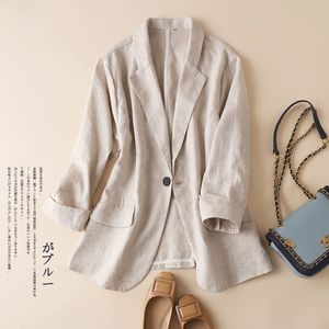 Damespakken blazers katoen en linnen klein pak vrouwen blazer zomer Koreaanse mode dunne jas driekwart mouw casual jas 230509