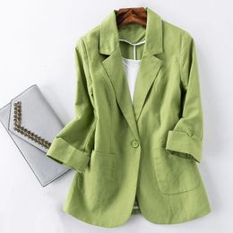 Costumes pour femmes Blazers Veste Blazer en lin et coton pour femmes, vêtements d'extérieur d'été de haute qualité, solide, bouton unique, Blazer cranté, costumes à manches trois quarts, haut 231211