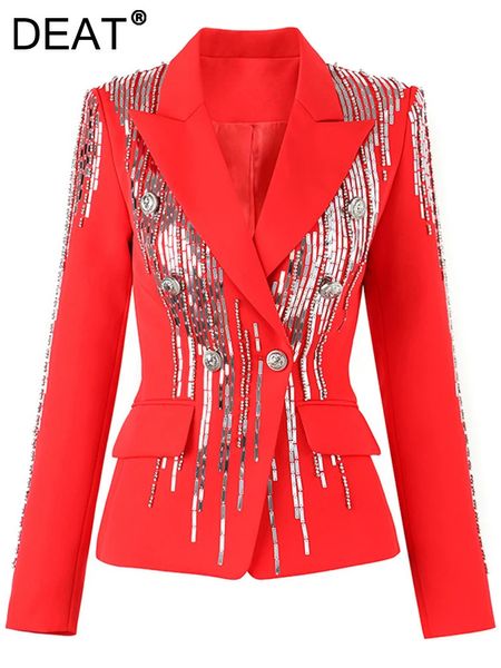 Costumes pour femmes Blazers DEAT automne femmes Blazer cranté mince paillettes Rivet Double boutonnage à manches longues rouge costume vestes femme 7YZ8501 231211