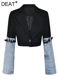 Damespakken Blazers DEAT Mode Denim Patchwork Blazer Met ingekerfde kraag Enkele knop Lange mouw Korte colberts Herfst 2023 7AB010 230908