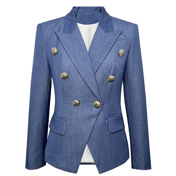 Costumes pour femmes, blazer bleu profond, Imitation Denim, tissu à motifs foncés, coupe cintrée, Double boutonnage, manteau de costume pour femmes, 231123