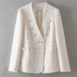 Damespakken Blazers Double Breasted Women Blazer Jacket Fashion Metal Knopen V-Neck Elegant White Suit Autumn Winter Coatwo