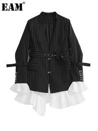 Costumes pour femmes Blazers EAM femmes noir rayé plissé élégant Blazer col en v à manches longues coupe ample veste mode printemps automne WD915 230920