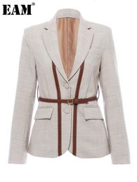 Damenanzüge Blazer EAM Frauen Split Pu Leder Kurze Kurze Blazer Revers Lange Hülse Lose Fit Jacke Mode Frühling Herbst 1K458 230920