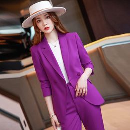 Damespakken Blazers Elegante paarse herfst Winter Winter Women Business Suits met broek en jassen Coat Long Sleeve professionele broek broek Set 230316