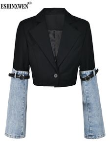 Costumes pour femmes Blazers Eshin-Blazer patchwork en denim pour femme veste courte imbibee col crante bouton unique manches longues nouvelle mode automne TH5165 231205