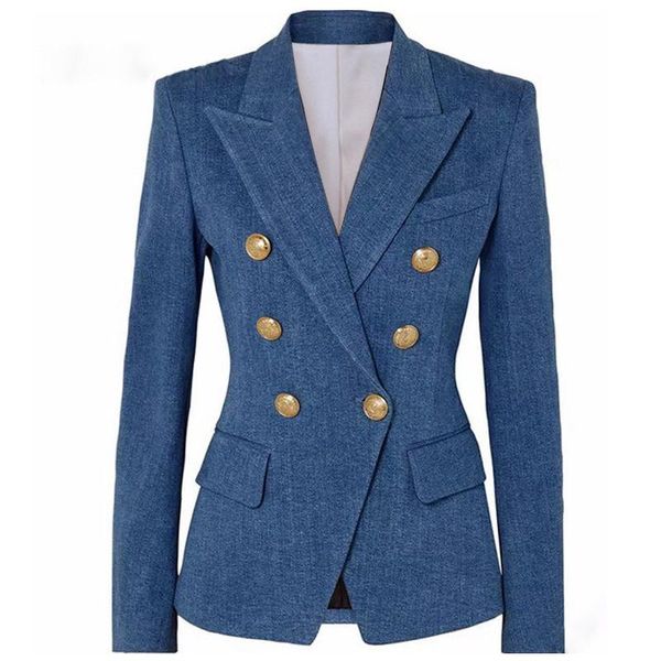 Trajes de mujer Blazers Europeo y americano Azul oscuro Imitación Denim Patrón Tela Slim Trajes de doble botonaduraMujer