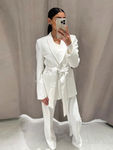 Women's Suits Blazers Fashion Solid Belt Blazer Suit Women Vintage Lapel Long Sleeve Jacket 2 Pieces Set Spring Chic Office Lady White Pant Suits 231020