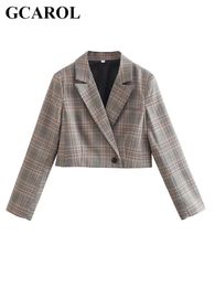 Costumes pour femmes Blazers GCAROL Femmes Col Entaillé Plaid Costume Court Bouton Unique Classique Vintage Angleterre Style Blazer Streetwear Outwear 4 Saison 230311