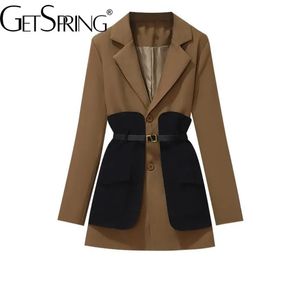 Getspring femmes Blazer Patchwork simple boutonnage manches longues dames costume manteau ceinture couleur correspondant femmes longue veste de costume 231127