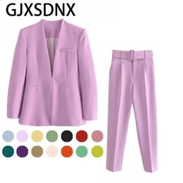 Costumes pour femmes Blazers GJXSDNX TRAF femmes manteau deux pièces ensembles mode tenue de bureau avec ceinture taille haute pantalon Simple solide 17 couleurs costume 231214