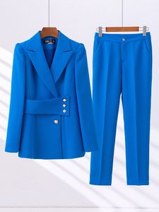 Damespakken Blazers Hoge kwaliteit Pant Suit Ladies Green Blue Abrikoos Vrouwen Zakelijke werk Draag formeel 2 -delige set vrouwelijke blazerjack en broek 230426