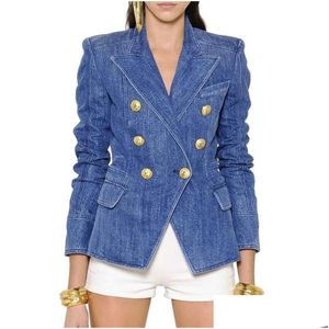 Damespakken Blazers High Street Fashion Designer Blazer Jacket Womens Metal Lion Buttons Dubbele borsten Denim buitenste jas 210929 DHZBH