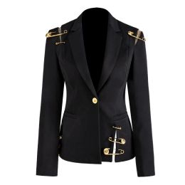 Damespakken Blazers High Street Stijlvolle damesblazer Enkele knop Mesh Patchwork Pin Slanke kwaliteit Zwart Mini BJ