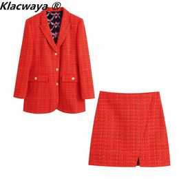 Dames Suits Blazers Klacwaya Women Fashion Two -Piece Set Vintage Print Lining Tweed Blazer Coat Vrouw Slit Mini Rok Chic Pak 230504