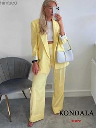 Abiti da donna Blazer KONDALA Office Lady Tinta unita in cotone giallo e lino Blazer da donna Tasche con scollo a V Giacche lunghe larghe Moda 2022 Elegante blazer femminileL240118