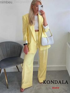 Damespakken Blazers Kondala Kantoor Lady Solid Yellow Cotton Linen Women Blazers V Hals Pockets Losse Long Jackets Fashion 2022 Elegante vrouwelijke Blazer C240410