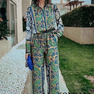 Dameskostuums Blazers KONDALA Vintage groene bloemen dameskostuums met lange mouwen, enkele knoop, los overhemd en hoge taille, wijde pijpen broek, Boho-sets 230824