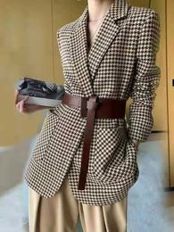 Costumes pour femmes Blazers manteaux de mode coréenne Chic élégant femme veste automne au bureau dame décontracté Plaid ceinture surdimensionné Blazer femmes vêtements 231019